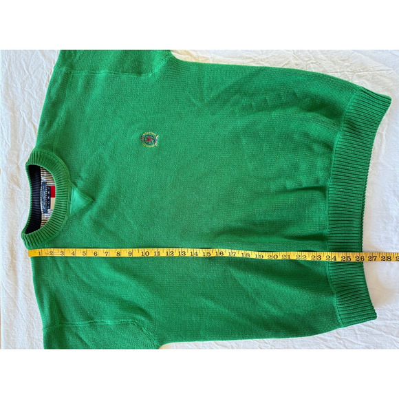 Vintage Mens Tommy Hilfiger Green Sweater Embroidered Crest Pullover M Crew Neck - Picture 7 of 11